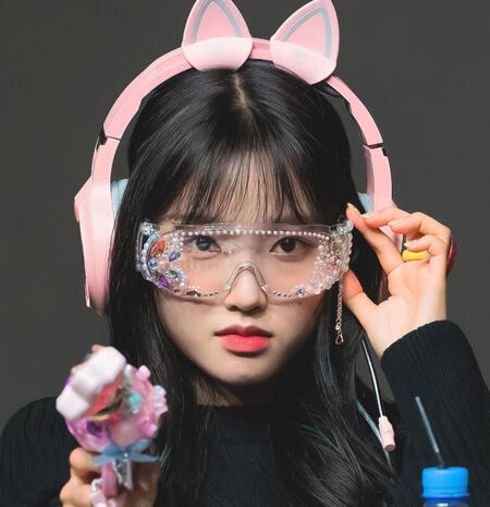 gowon from loona at a fansign with black hair, pink headphones, futuristic shades, and a barbie gun. i love her